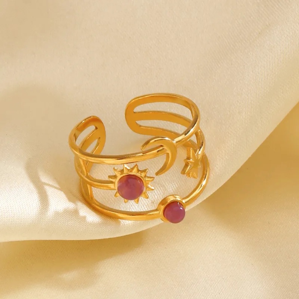Celestial Sun, Moon& Star Ring with Pink Stones - Picture 5 of 8